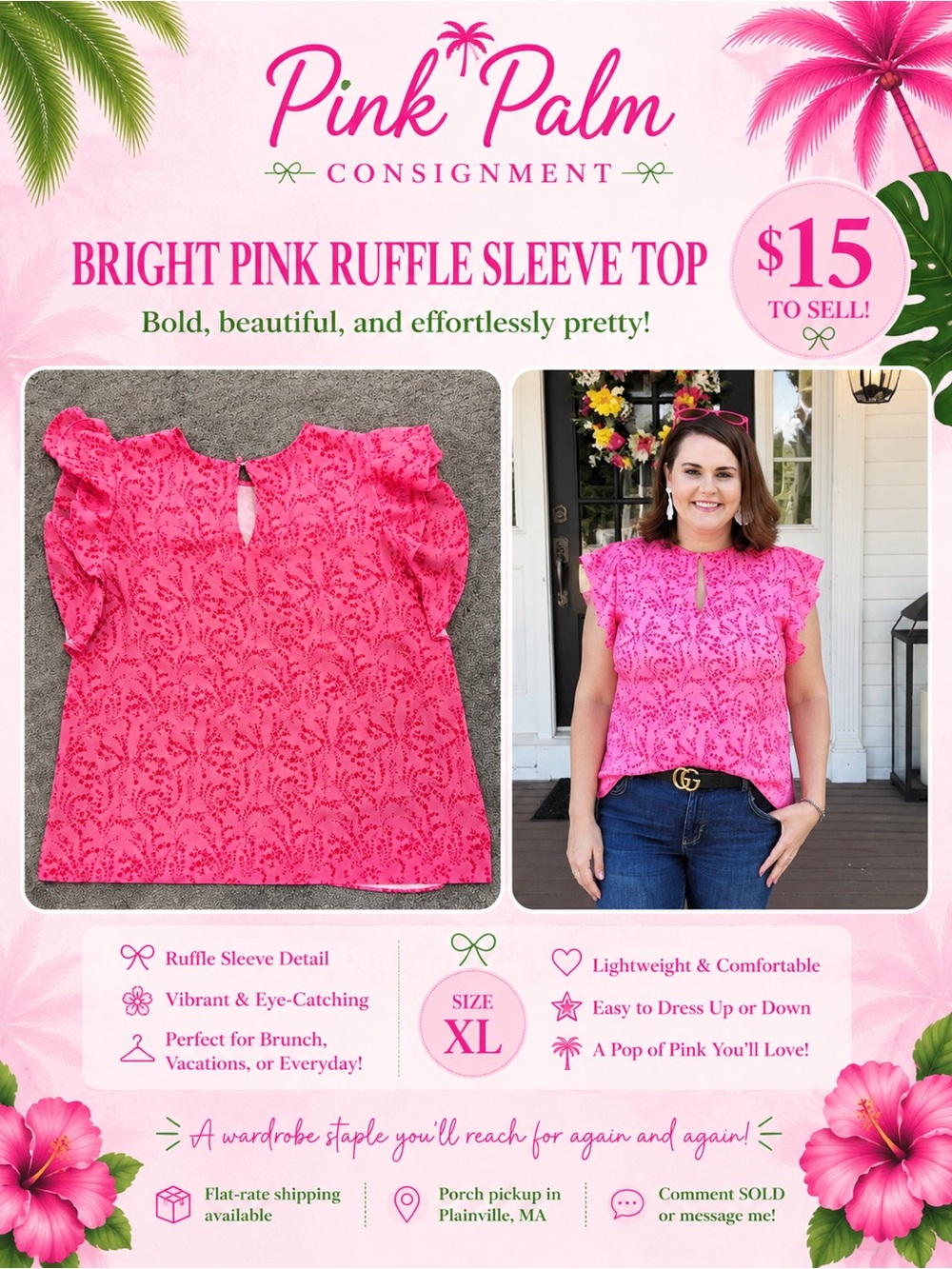 Pink Palm Bright Pink Ruffle Sleeve Top - Women